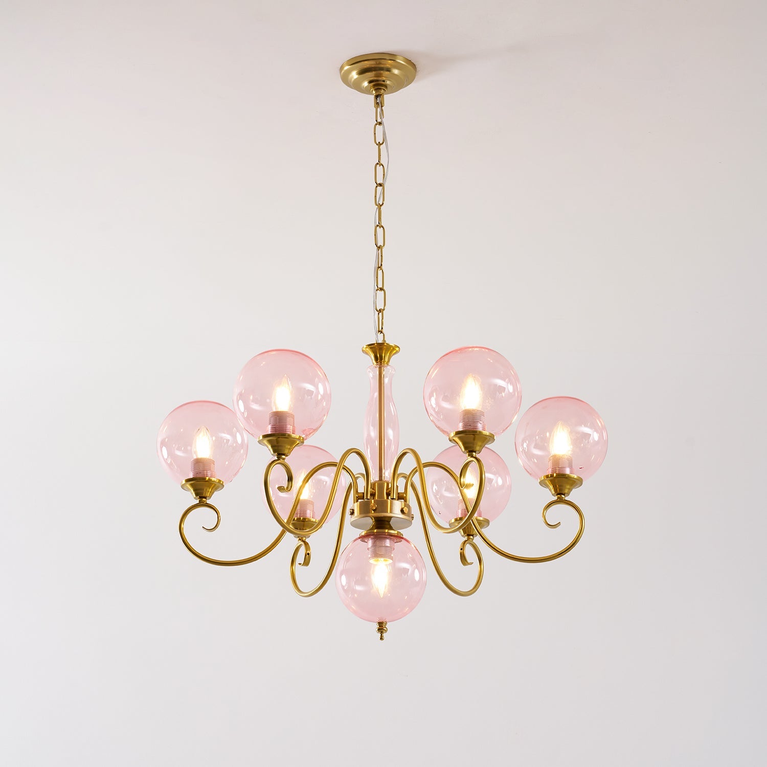 Evelyn Glass Globe Chandelier-Home & Garden > Lighting > Chandeliers-Laren Fete-3+1 heads D 55cm x H 40cm / ∅ 21.7" x H 15.7"-Antique Brass & Pink-Laren Fete