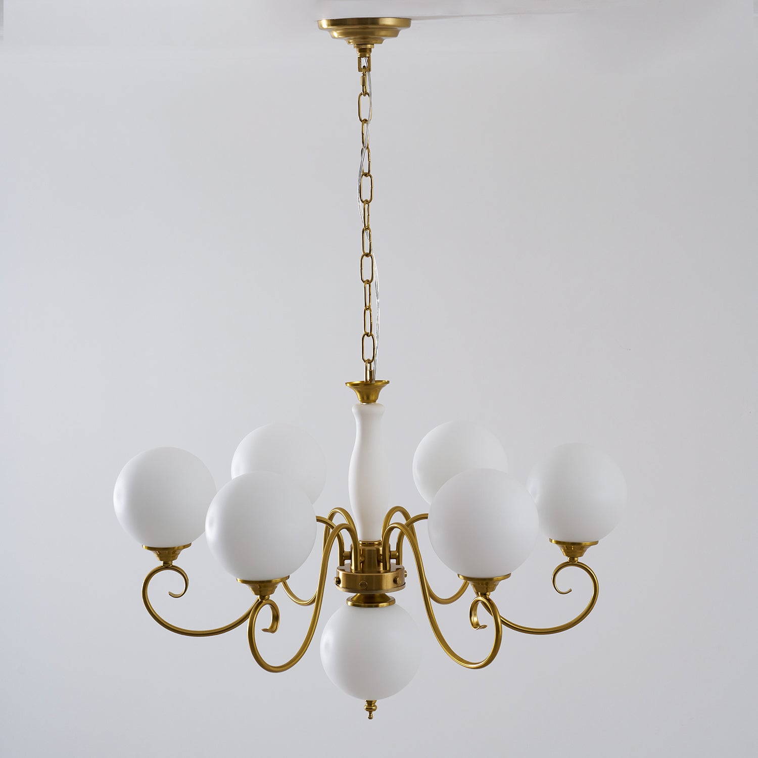 Evelyn Glass Globe Chandelier-Home & Garden > Lighting > Chandeliers-Laren Fete-3+1 heads D 55cm x H 40cm / ∅ 21.7" x H 15.7"-Antique Brass & Pink-Laren Fete