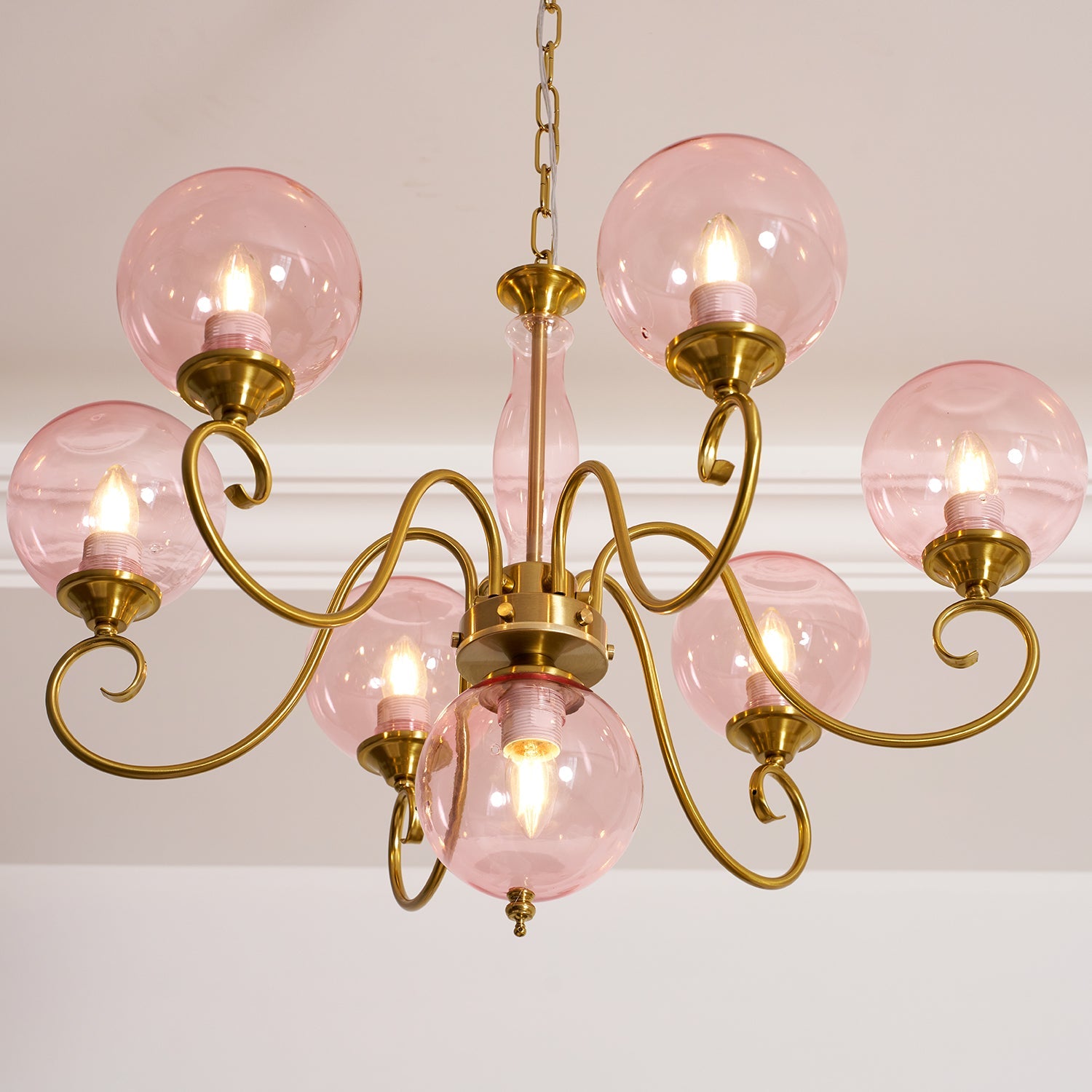 Evelyn Glass Globe Chandelier-Home & Garden > Lighting > Chandeliers-Laren Fete-3+1 heads D 55cm x H 40cm / ∅ 21.7" x H 15.7"-Antique Brass & Pink-Laren Fete