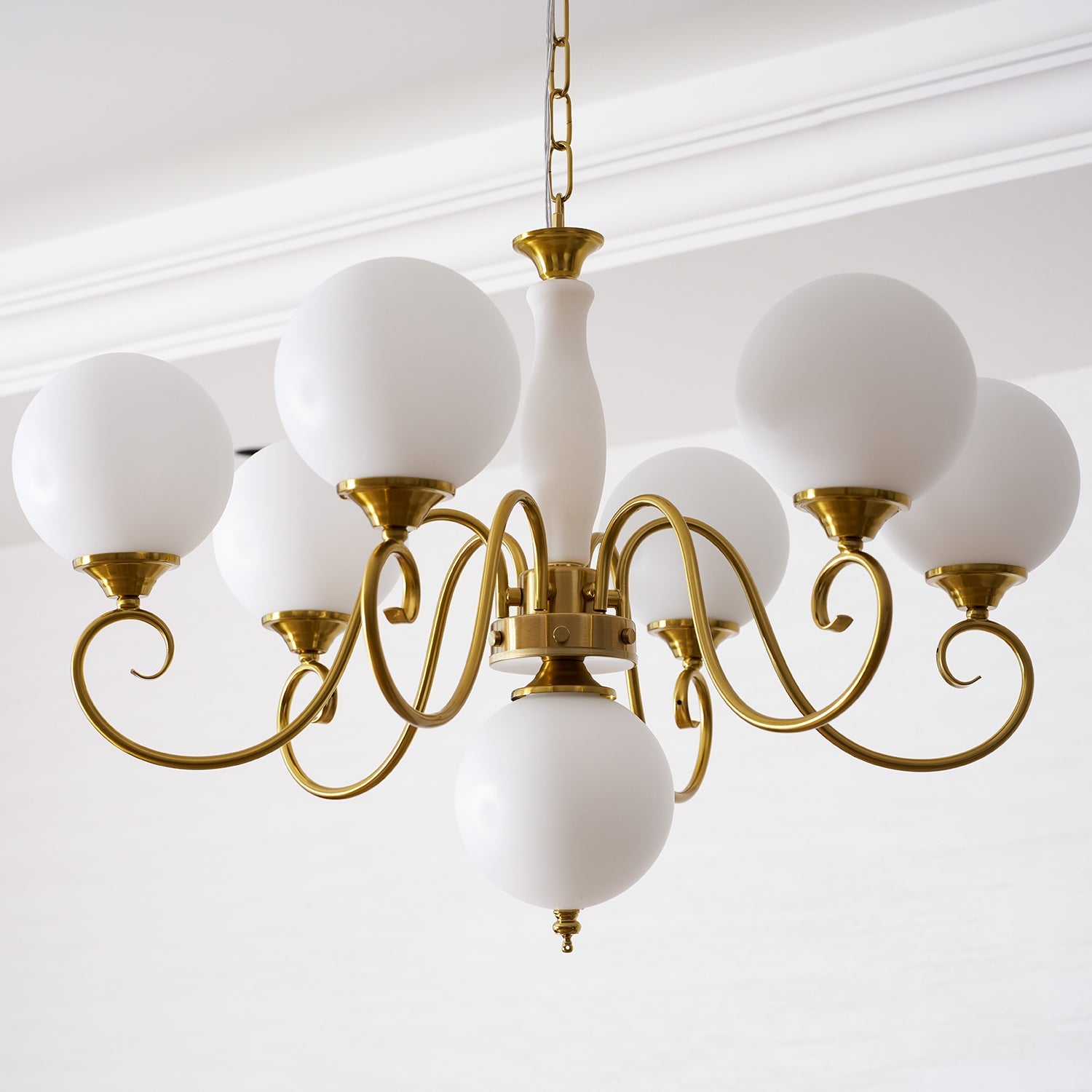 Evelyn Glass Globe Chandelier-Home & Garden > Lighting > Chandeliers-Laren Fete-3+1 heads D 55cm x H 40cm / ∅ 21.7" x H 15.7"-Antique Brass & Pink-Laren Fete