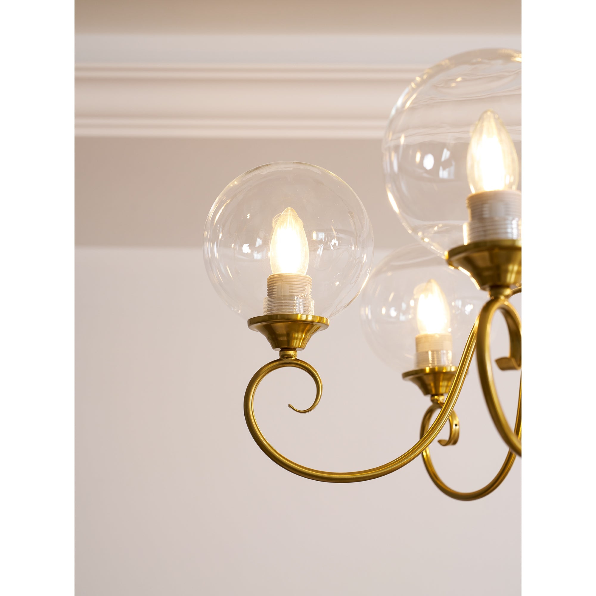 Evelyn Glass Globe Chandelier-Home & Garden > Lighting > Chandeliers-Laren Fete-3+1 heads D 55cm x H 40cm / ∅ 21.7" x H 15.7"-Antique Brass & Pink-Laren Fete