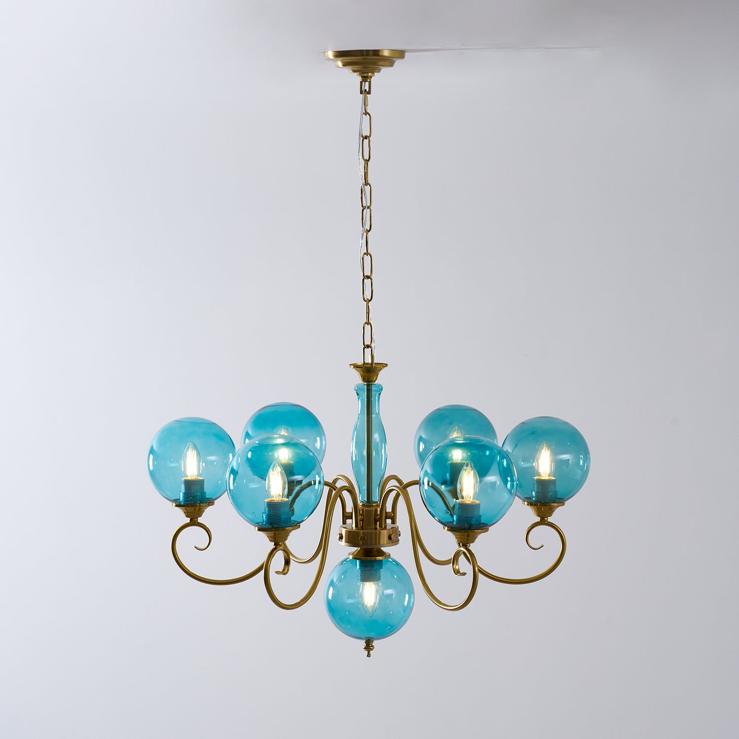 Evelyn Glass Globe Chandelier-Home & Garden > Lighting > Chandeliers-Laren Fete-3+1 heads D 55cm x H 40cm / ∅ 21.7" x H 15.7"-Antique Brass & Pink-Laren Fete