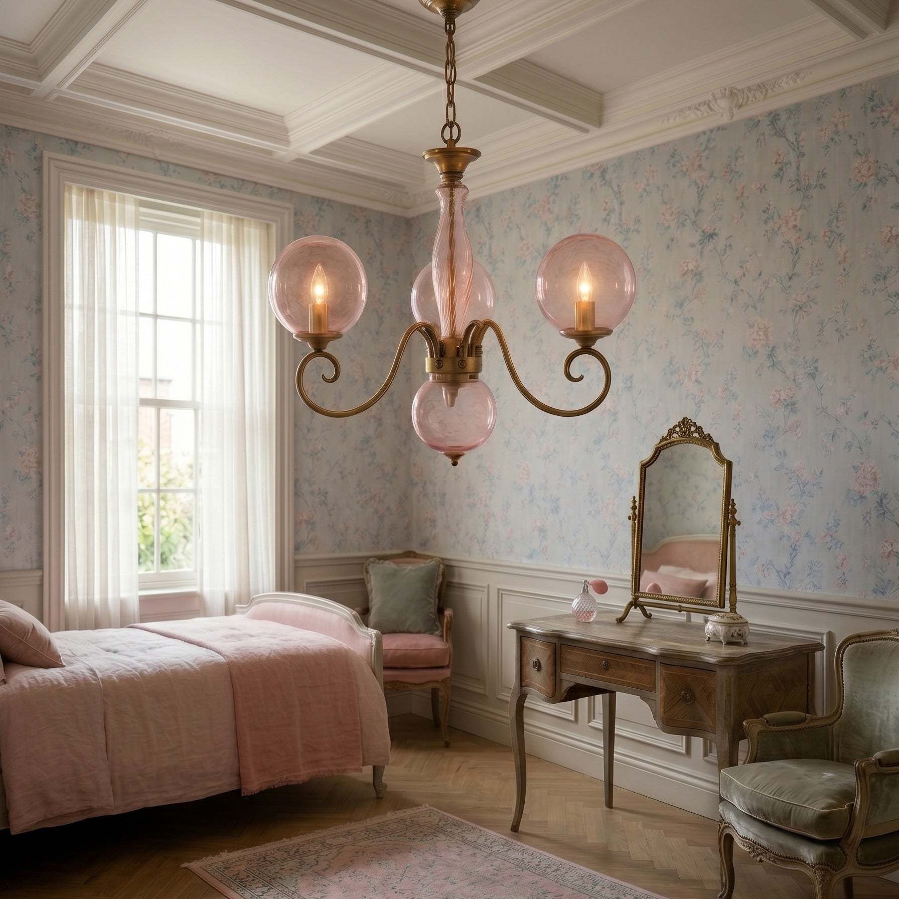 Evelyn Glass Globe Chandelier-Home & Garden > Lighting > Chandeliers-Laren Fete-3+1 heads D 55cm x H 40cm / ∅ 21.7" x H 15.7"-Antique Brass & Pink-Laren Fete