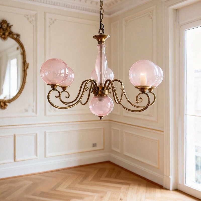 Evelyn Glass Globe Chandelier-Home & Garden > Lighting > Chandeliers-Laren Fete-5+1 heads D 65cm x H 45cm / ∅ 25.6" x H 17.7"-Antique Brass & Pink-Laren Fete