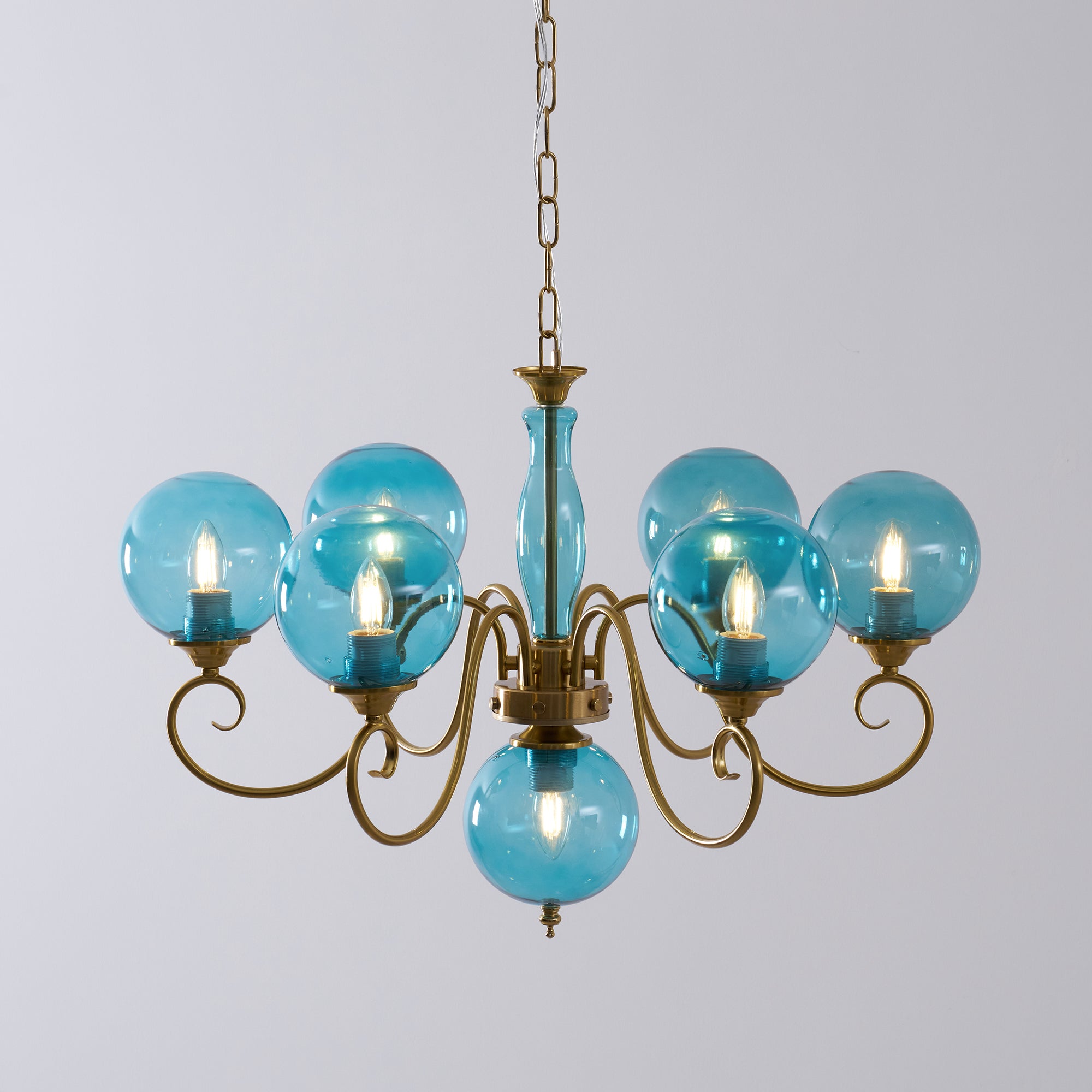 Evelyn Glass Globe Chandelier-Home & Garden > Lighting > Chandeliers-Laren Fete-6+1 heads D 65cm x H 45cm / ∅ 25.6" x H 17.7"-Antique Brass & Blue-Laren Fete