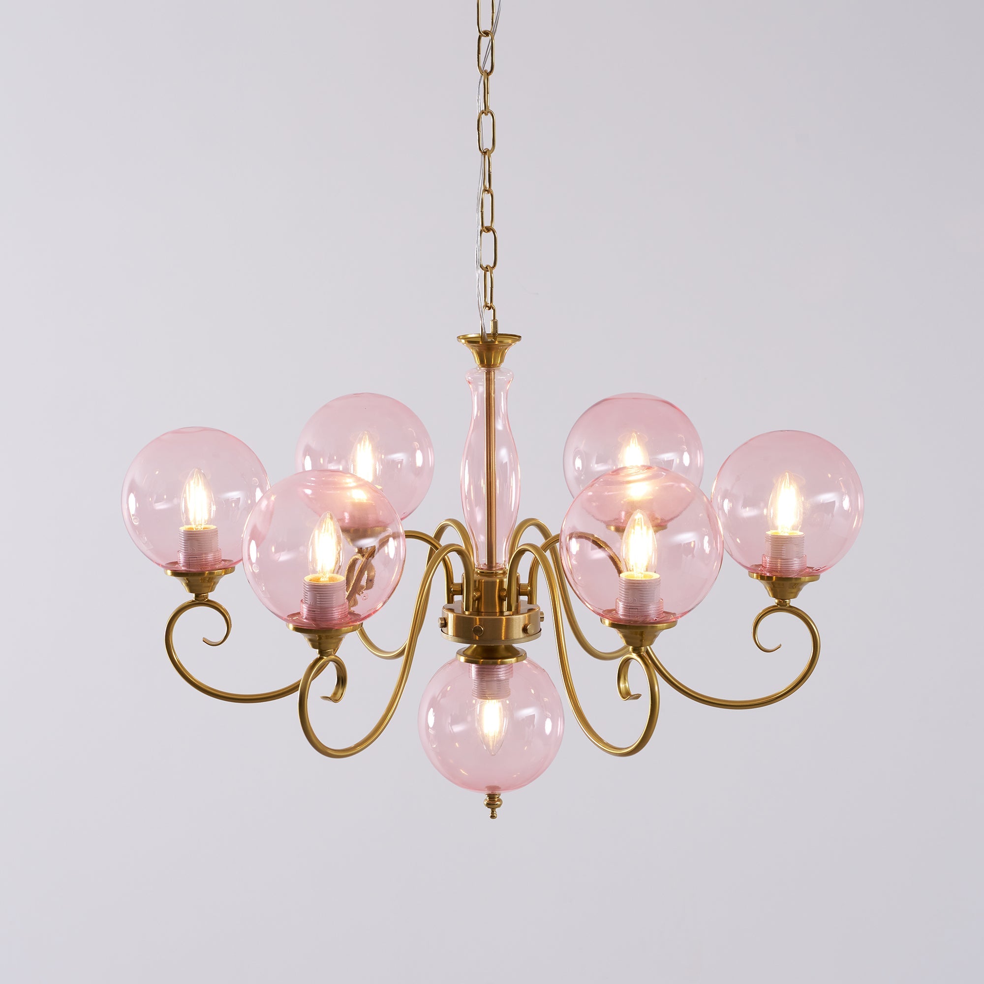 Evelyn Glass Globe Chandelier-Home & Garden > Lighting > Chandeliers-Laren Fete-6+1 heads D 65cm x H 45cm / ∅ 25.6" x H 17.7"-Antique Brass & Pink-Laren Fete