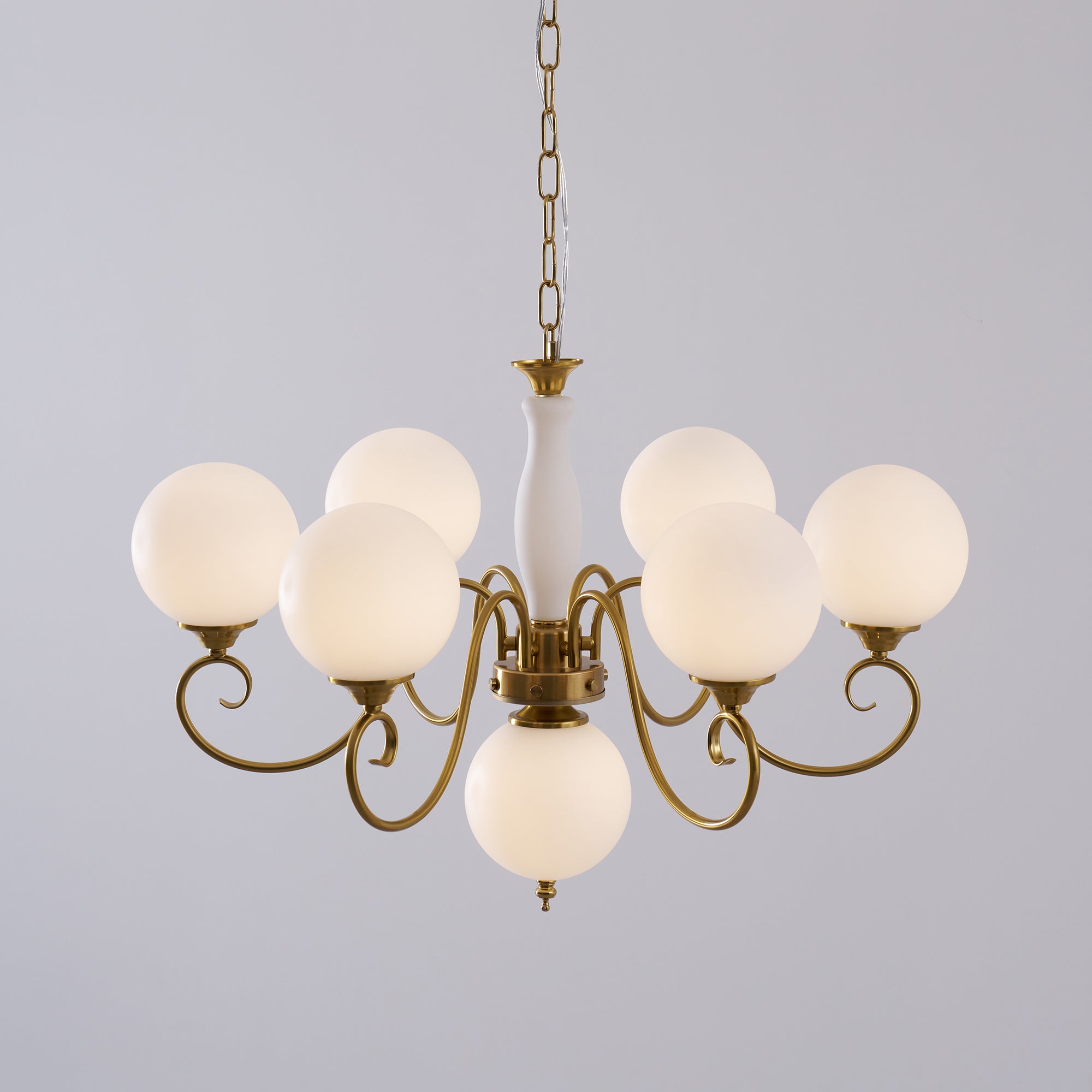 Evelyn Glass Globe Chandelier-Home & Garden > Lighting > Chandeliers-Laren Fete-6+1 heads D 65cm x H 45cm / ∅ 25.6" x H 17.7"-Antique Brass & White-Laren Fete