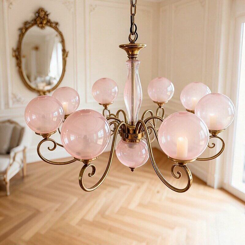 Evelyn Glass Globe Chandelier-Home & Garden > Lighting > Chandeliers-Laren Fete-8+1 heads D 95cm x H 45cm / ∅ 37.4" x H 17.7"-Antique Brass & Pink-Laren Fete