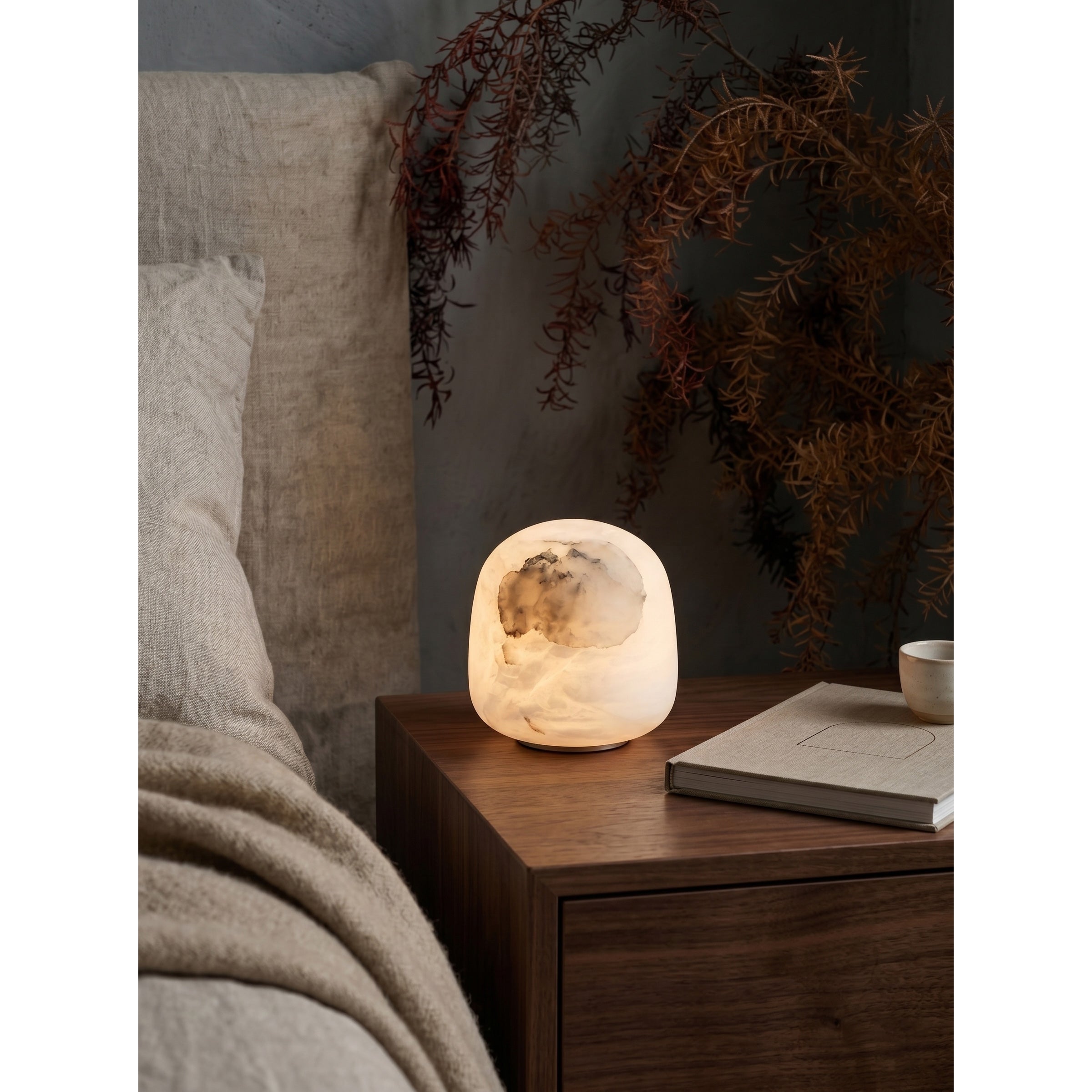 Luna Alabaster Cordless Lamp (Built-in Battery)-Home & Garden > Lighting > Table Lamps-Laren Fete-D 9cm x H 6cm / ∅ 3.5″ x H 2.4″-White-Warm Dimming-Laren Fete