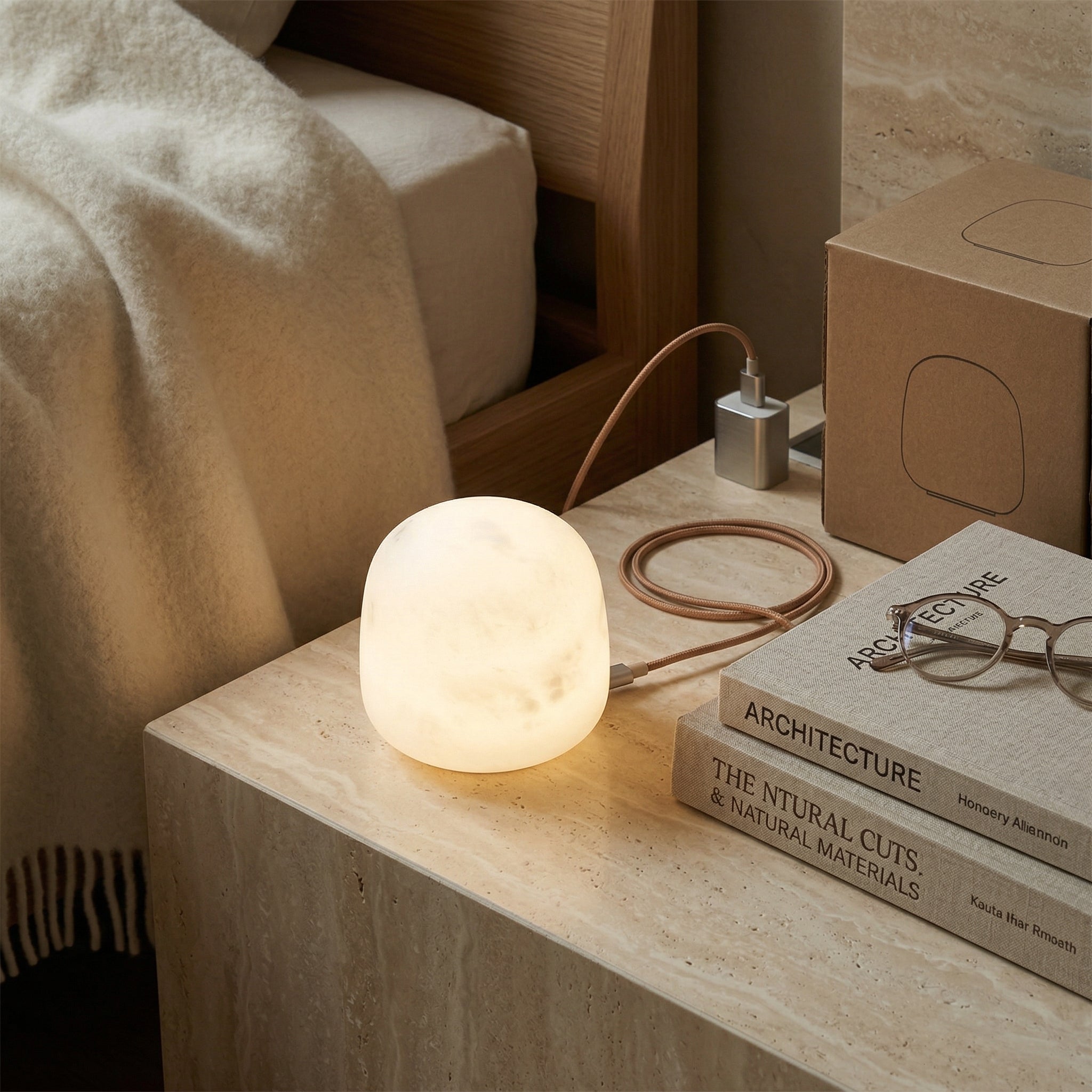 Luna Alabaster Cordless Lamp (Built-in Battery)-Home & Garden > Lighting > Table Lamps-Laren Fete-D 9cm x H 6cm / ∅ 3.5″ x H 2.4″-White-Warm Dimming-Laren Fete