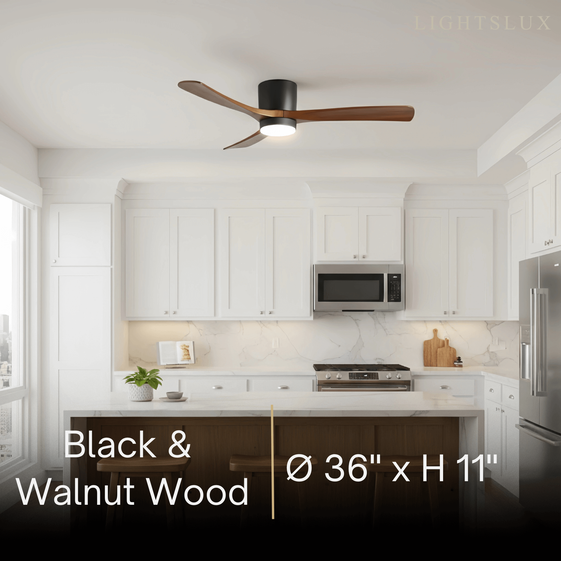 Lunara Wood Blade Ceiling Fan with Light-Home & Garden > Lighting > Ceiling Fans-Laren Fete-D91cm(36″)-Black & Walnut Wood-3 Colors + Remote Control (6-Speed Adjustable)-Laren Fete