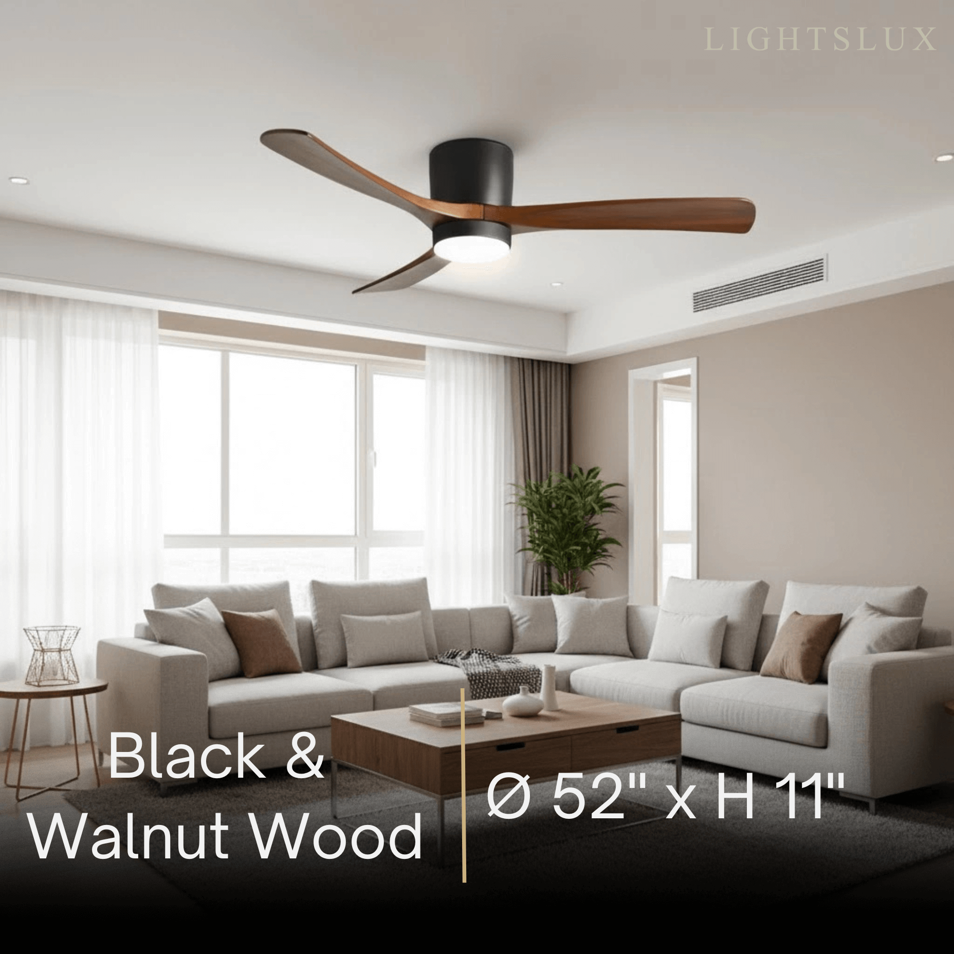 Lunara Wood Blade Ceiling Fan with Light-Home & Garden > Lighting > Ceiling Fans-Laren Fete-D91cm(36″)-Black & Walnut Wood-3 Colors + Remote Control (6-Speed Adjustable)-Laren Fete