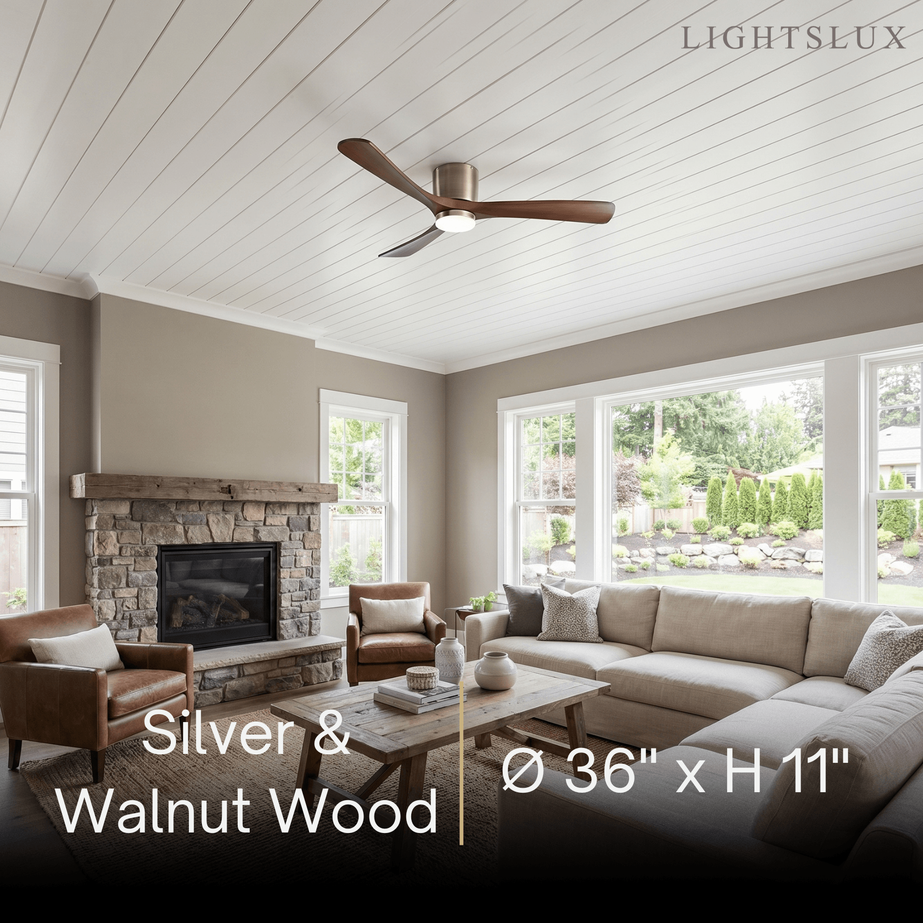 Lunara Wood Blade Ceiling Fan with Light-Home & Garden > Lighting > Ceiling Fans-Laren Fete-D91cm(36″)-Black & Walnut Wood-3 Colors + Remote Control (6-Speed Adjustable)-Laren Fete