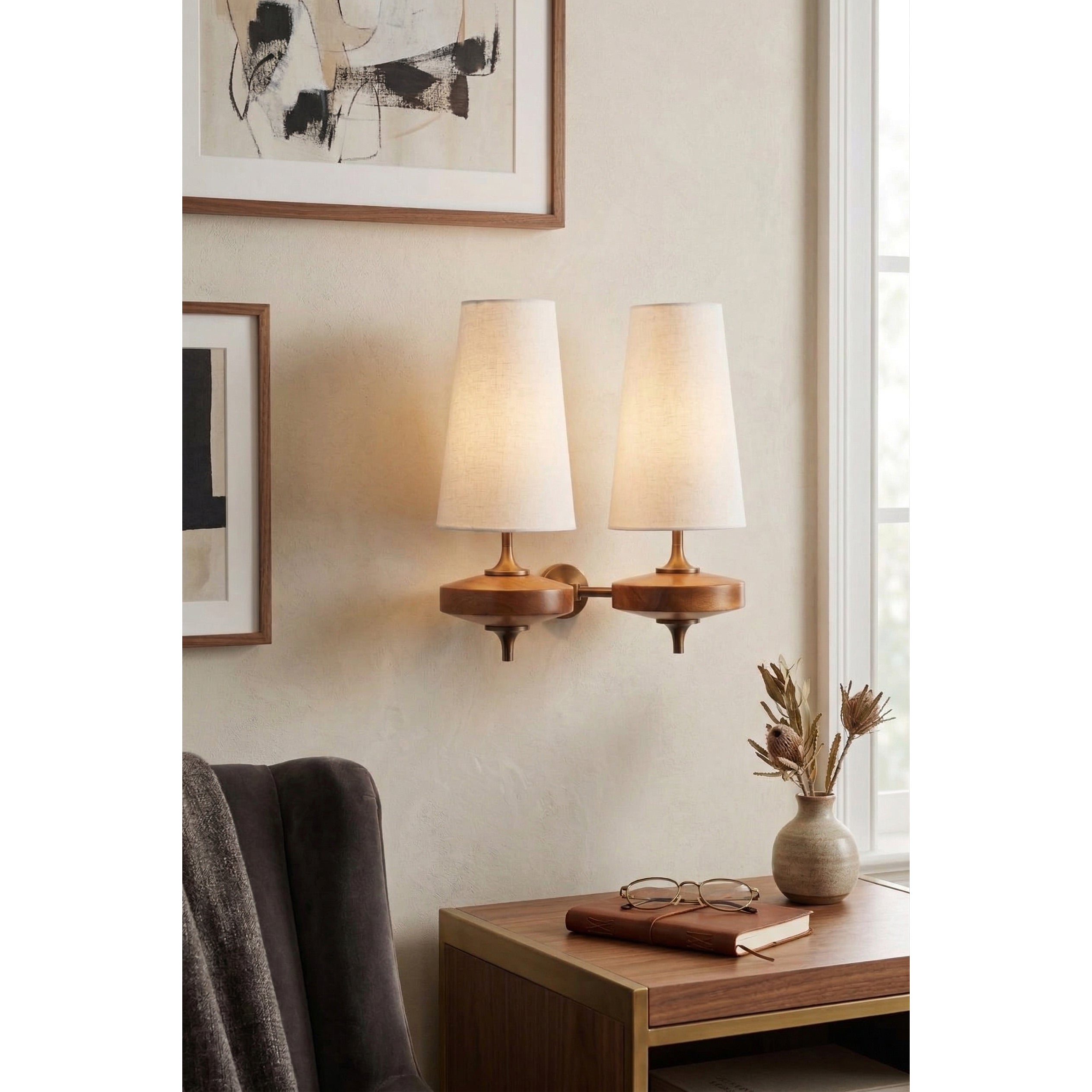 Nikau Walnut Fabric Wall Sconce-Home & Garden > Lighting > Wall Lights & Sconces-Laren Fete-1 head L 15cm x W 22cm x H 39cm / L 5.9″ x W 8.3″ x H 15.4″-Walnut color & White-Laren Fete