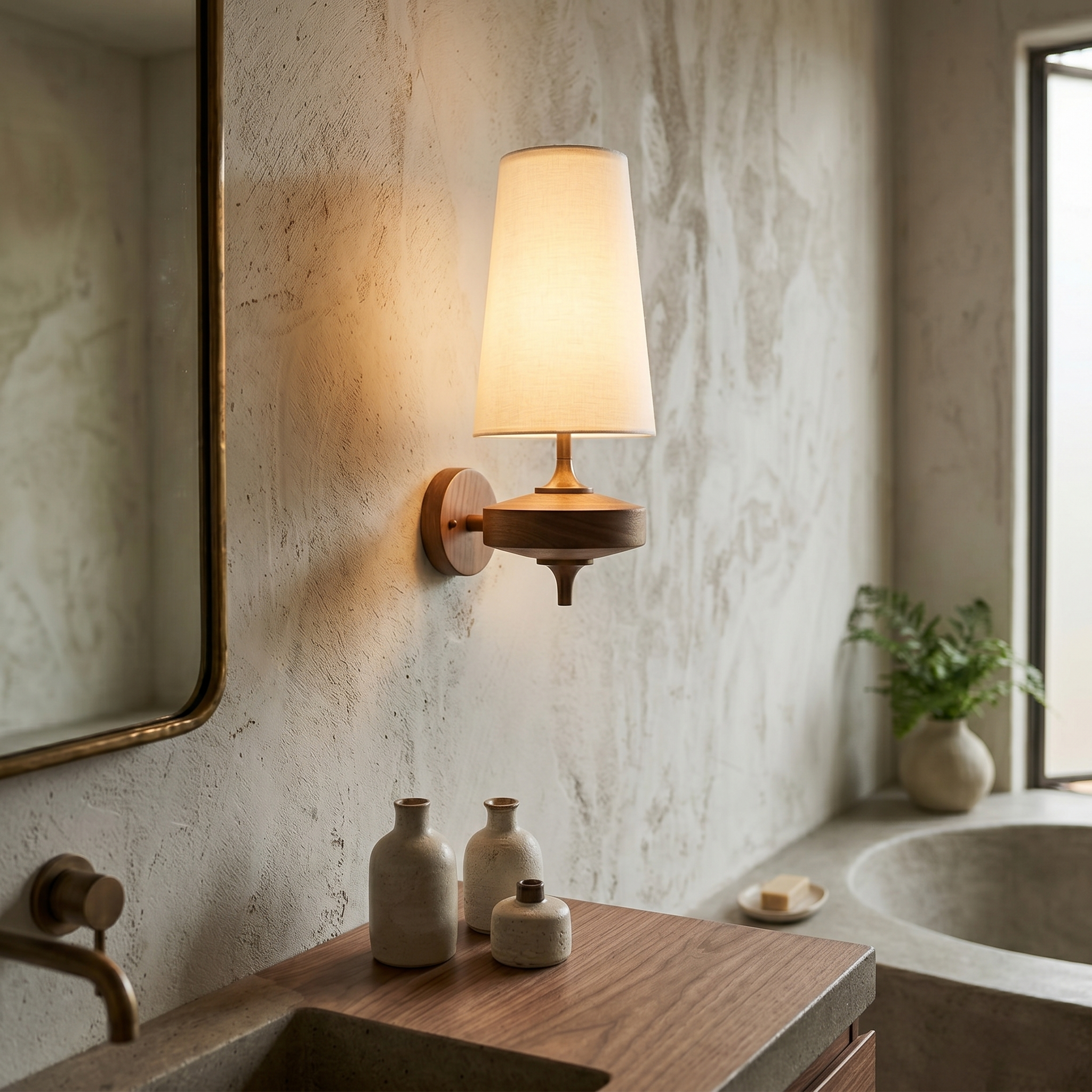 Nikau Walnut Fabric Wall Sconce-Home & Garden > Lighting > Wall Lights & Sconces-Laren Fete-1 head L 15cm x W 22cm x H 39cm / L 5.9″ x W 8.3″ x H 15.4″-Walnut color & White-Laren Fete