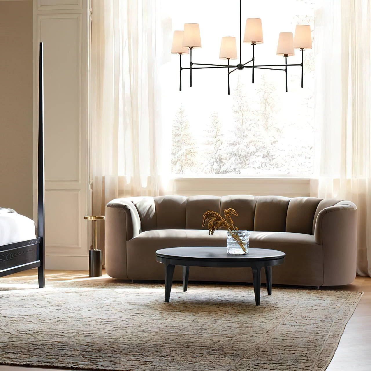 Rhodes Linen Torch Chandelier-Home & Garden > Lighting > Chandeliers-Laren Fete-4 heads D 71cm x H 44cm / ∅ 28″ x H 17.3″-Brass-Laren Fete