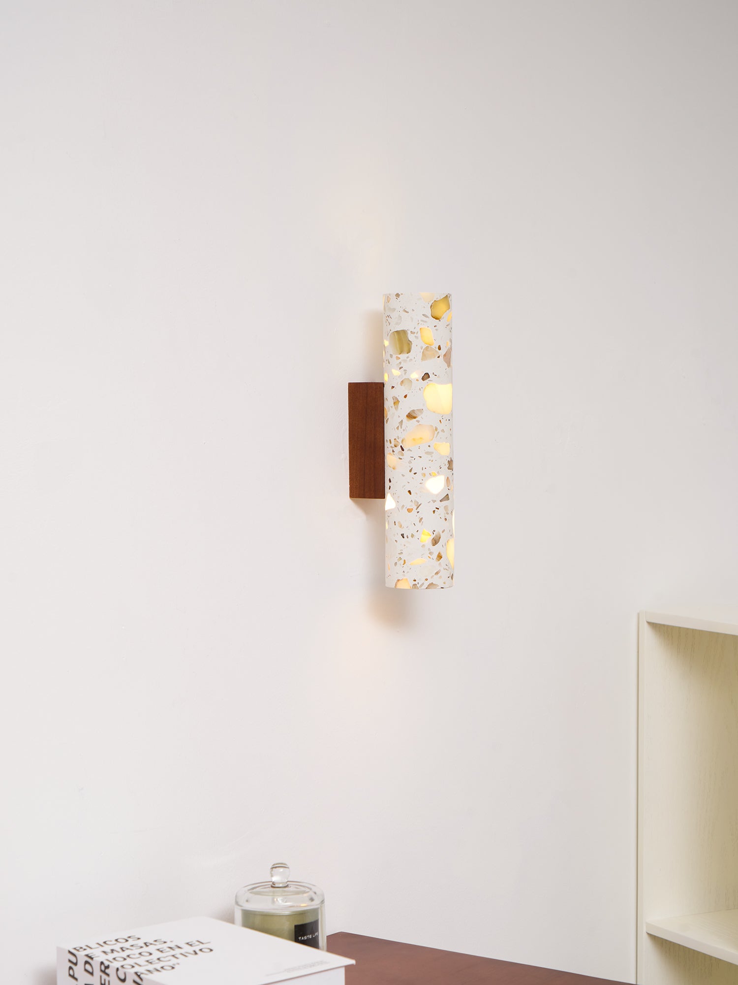 Solis Terrazzo & Walnut Wall Sconce-Home & Garden > Lighting > Wall Lights & Sconces-Laren Fete-L 3.1″ x W 4.3″ x H 11″-Beige-Laren Fete