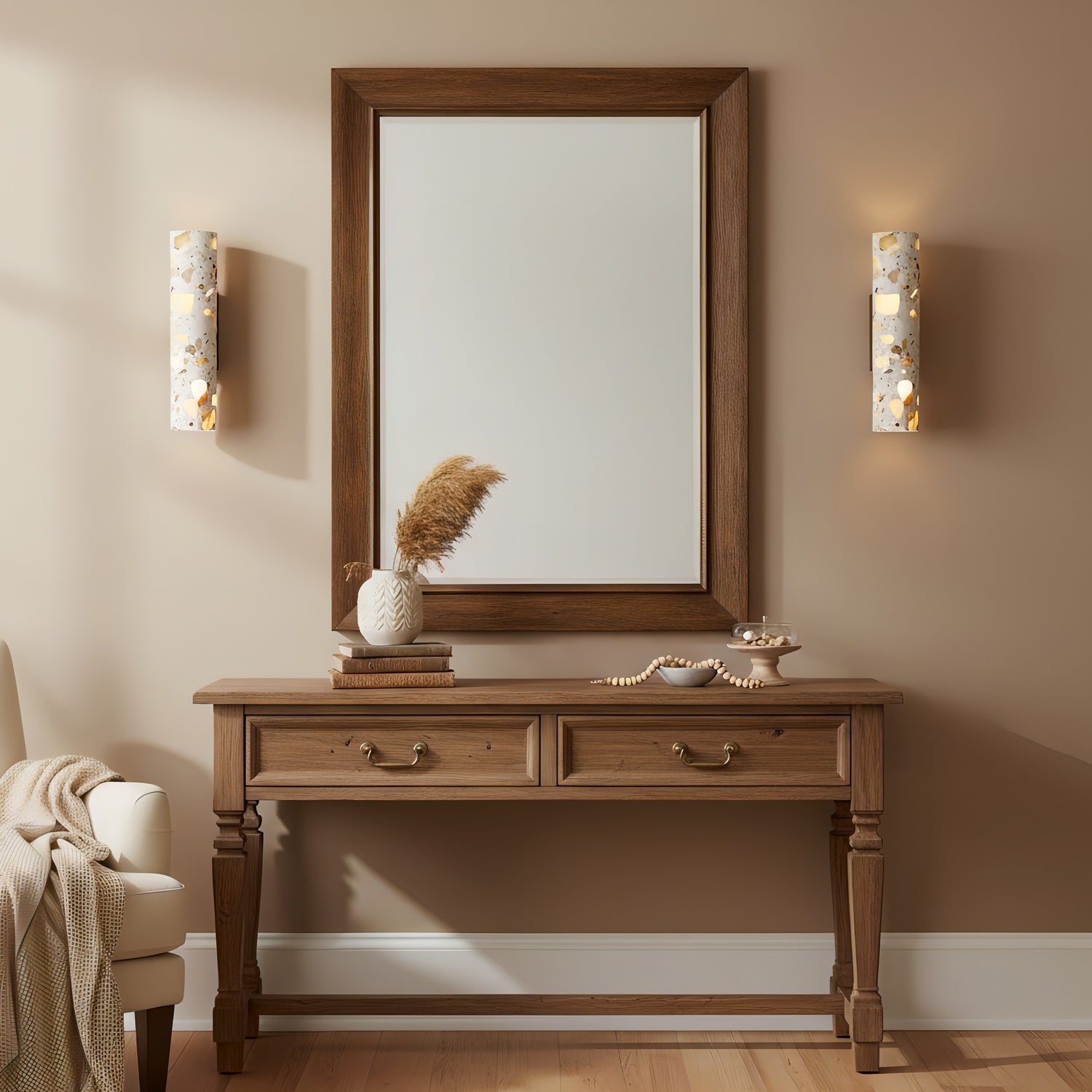 Solis Terrazzo & Walnut Wall Sconce-Home & Garden > Lighting > Wall Lights & Sconces-Laren Fete-L 3.1″ x W 4.3″ x H 11″-Beige-Laren Fete