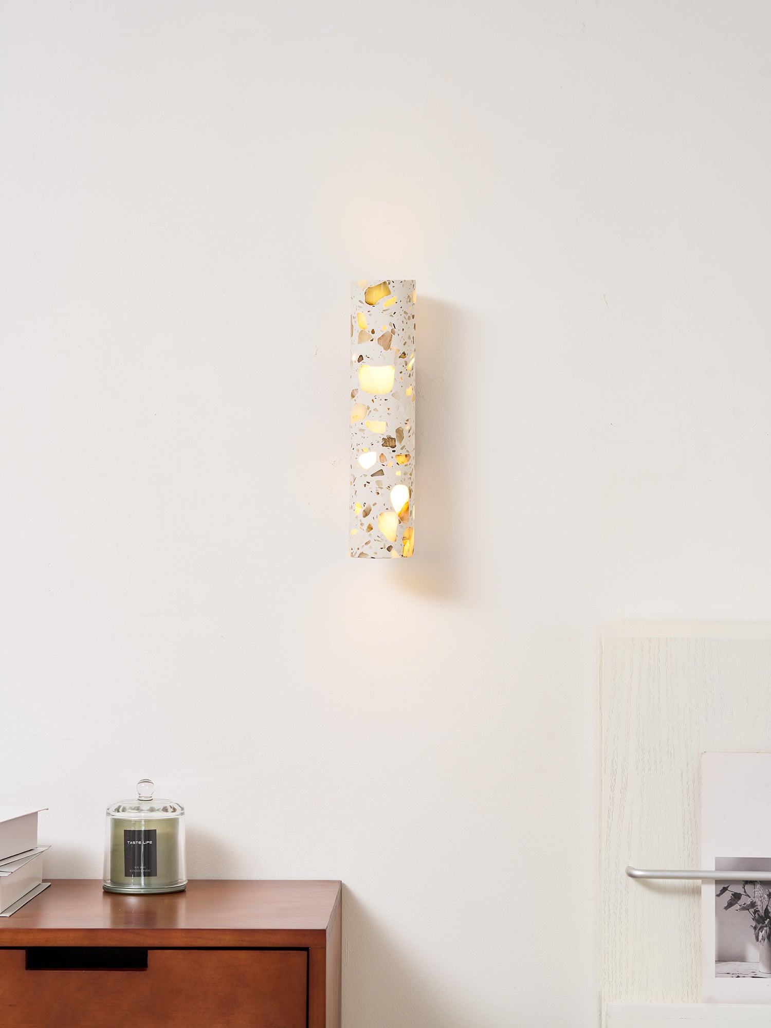 Solis Terrazzo & Walnut Wall Sconce-Home & Garden > Lighting > Wall Lights & Sconces-Laren Fete-L 3.1″ x W 4.3″ x H 11″-Beige-Laren Fete