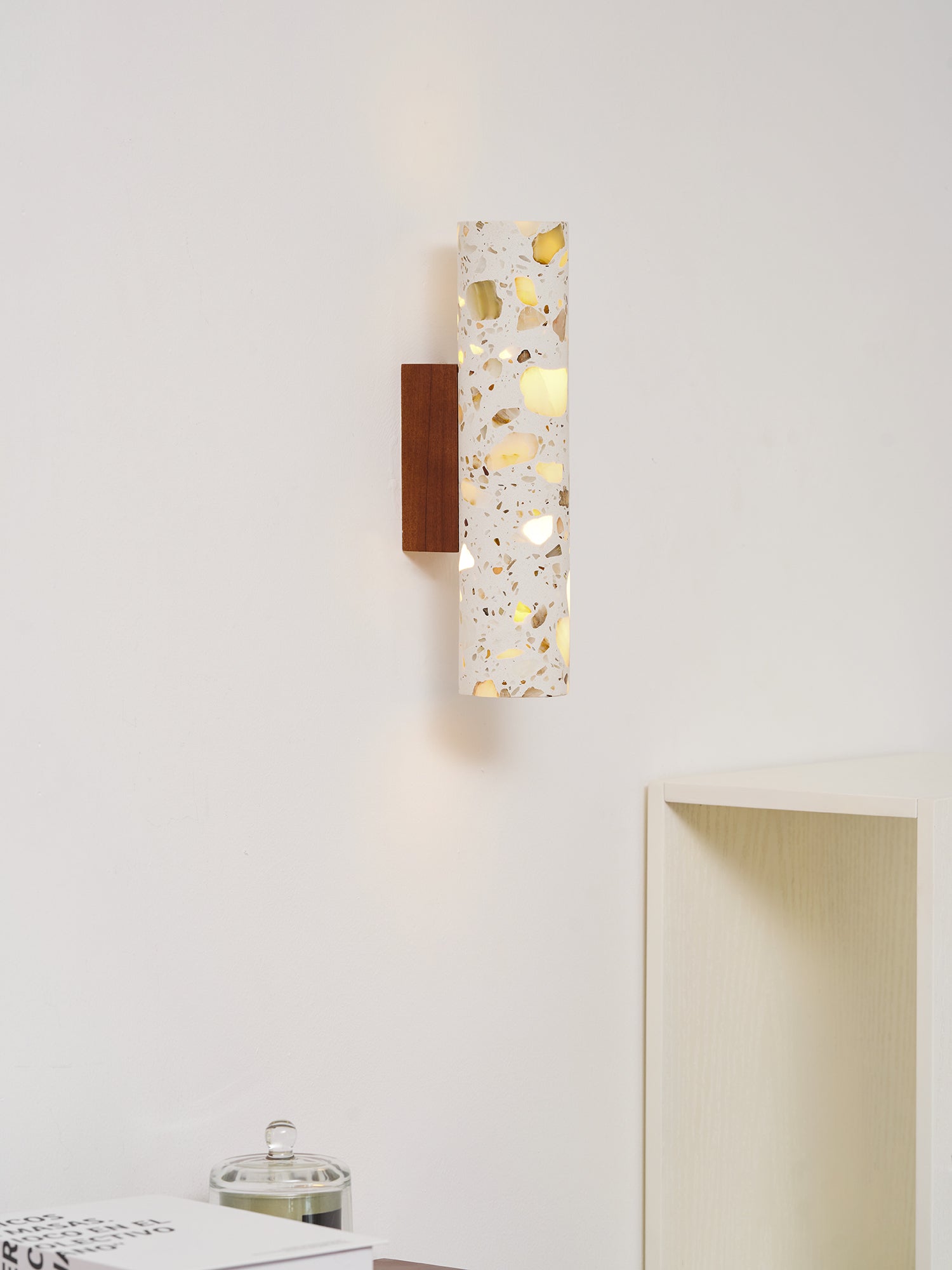 Solis Terrazzo & Walnut Wall Sconce-Home & Garden > Lighting > Wall Lights & Sconces-Laren Fete-L 3.1″ x W 4.3″ x H 11″-Beige-Laren Fete