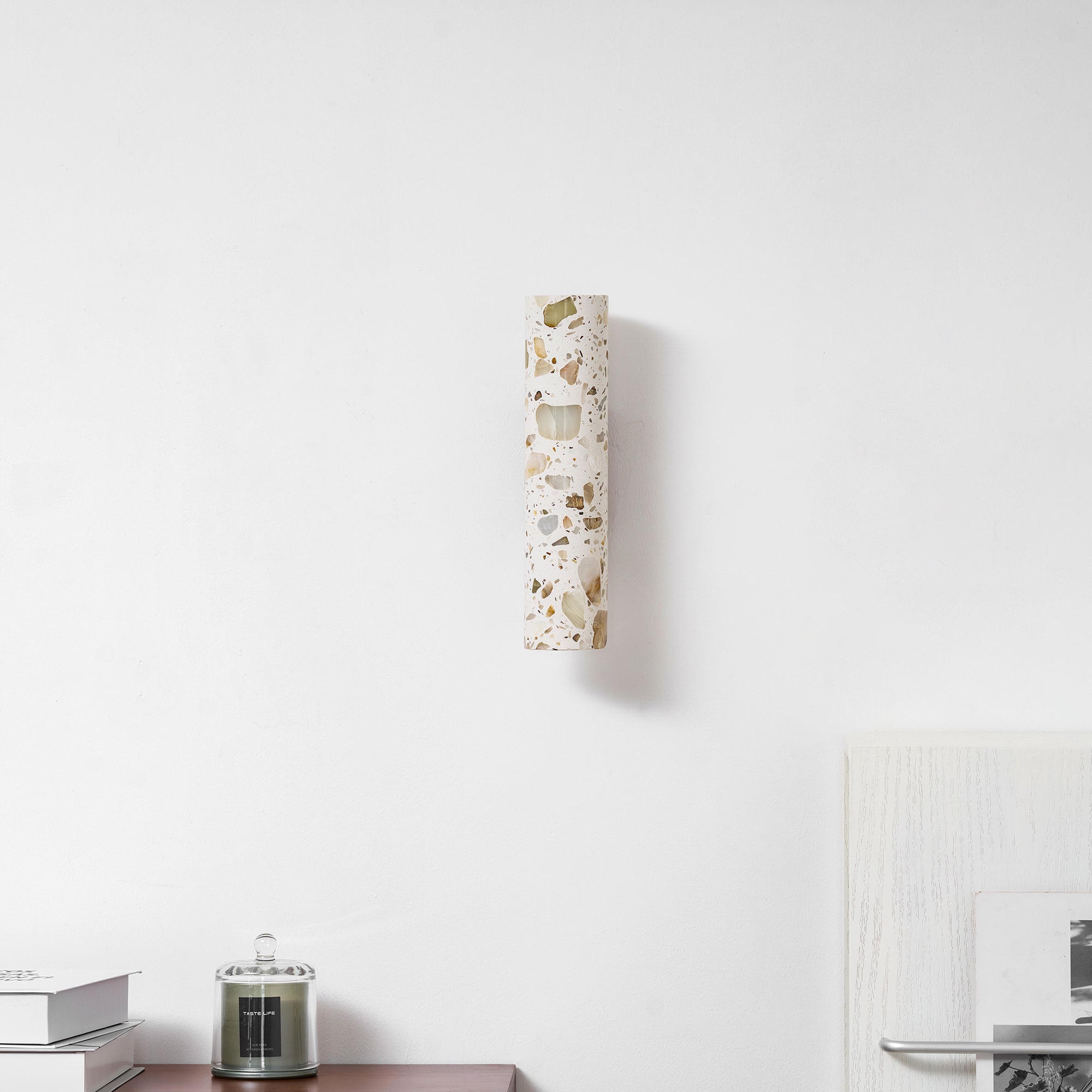 Solis Terrazzo & Walnut Wall Sconce-Home & Garden > Lighting > Wall Lights & Sconces-Laren Fete-L 3.1″ x W 4.3″ x H 11″-Beige-Laren Fete