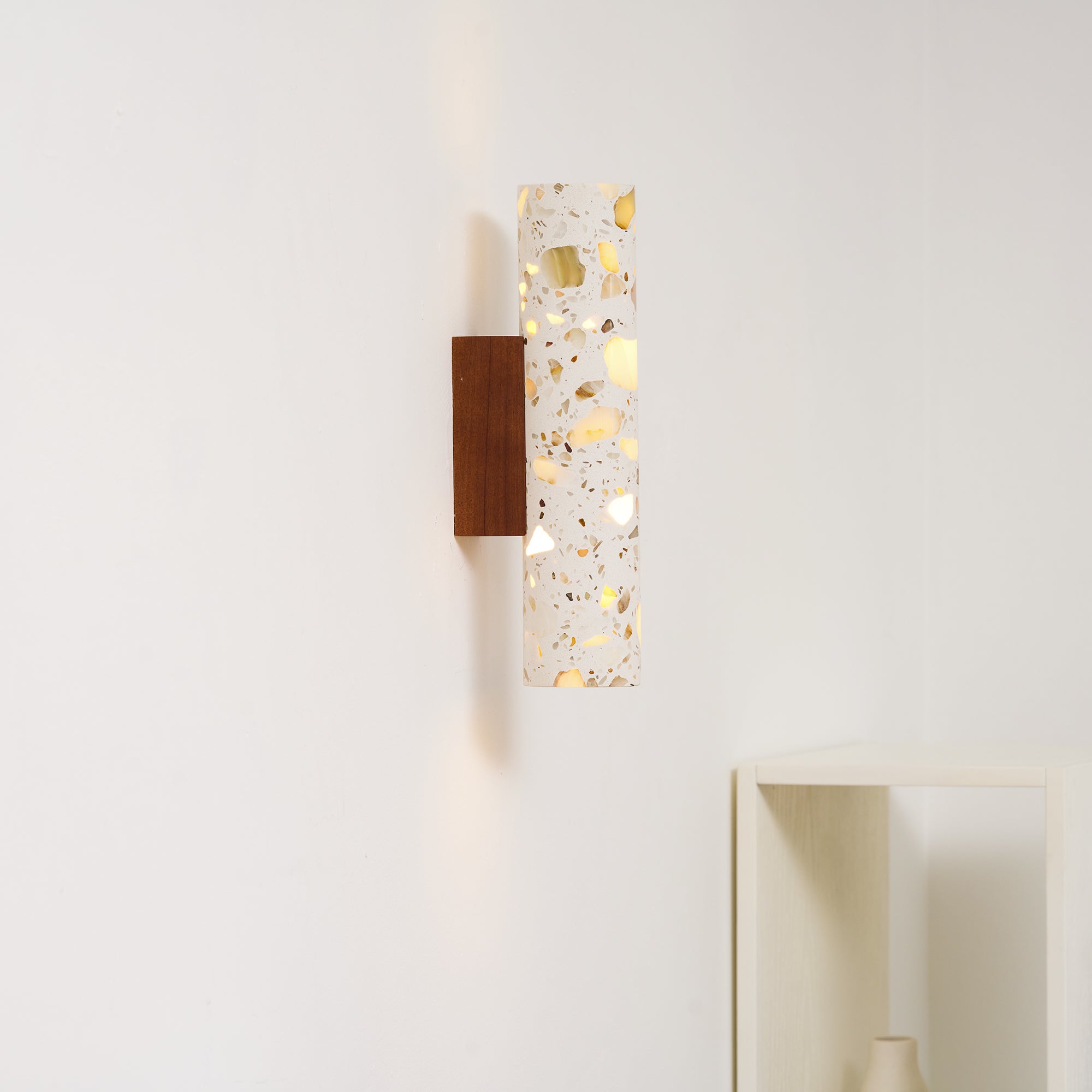Solis Terrazzo & Walnut Wall Sconce-Home & Garden > Lighting > Wall Lights & Sconces-Laren Fete-L 3.1″ x W 4.3″ x H 11″-Beige-Laren Fete