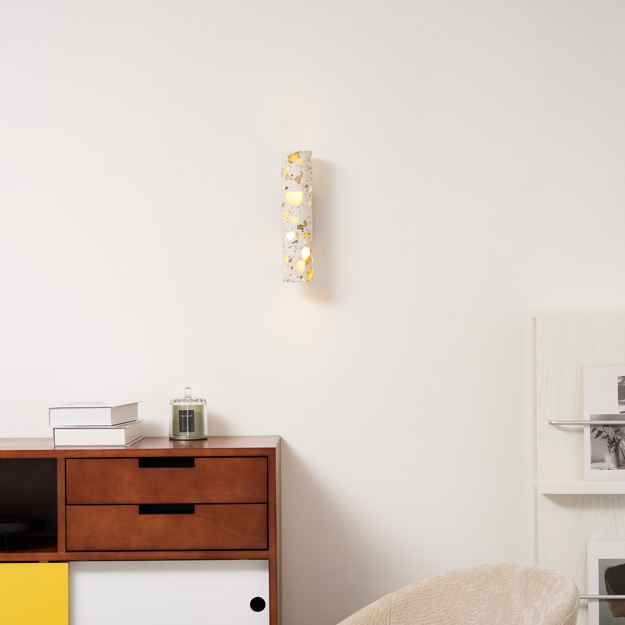 Solis Terrazzo & Walnut Wall Sconce-Home & Garden > Lighting > Wall Lights & Sconces-Laren Fete-L 3.1″ x W 4.3″ x H 11″-Beige-Laren Fete
