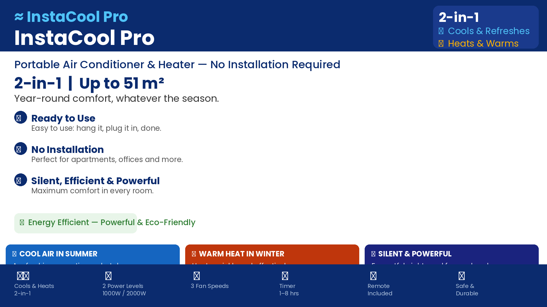 InstaCool Pro – 2-in-1 Air Conditioner & Heater - Up to 51m²| No Installation